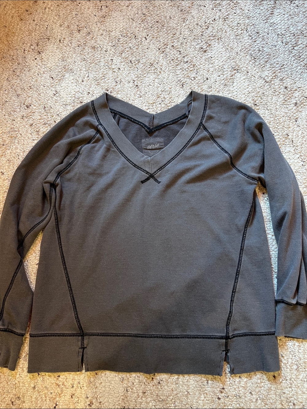 aerie V-Neck Long Sleeve Top in Charcoal with Contrast Stitching
